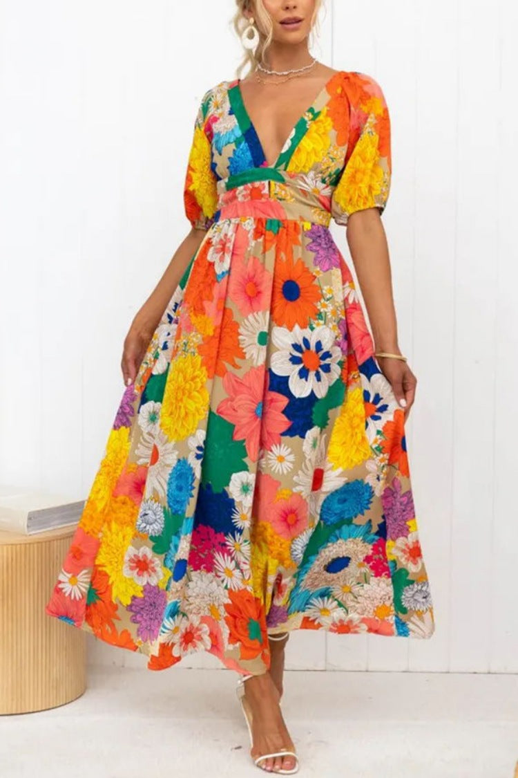 Vestito da donna Valstrend con scollo a V, stampa, maniche a sbuffo e stile da festa, ideale per le vacanze.