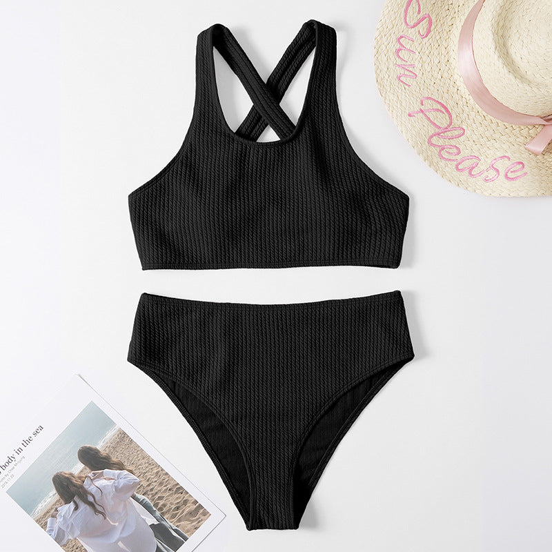 Costume da bagno bikini da donna Valstrend, costume intero a tinta unita con spalline incrociate e taglio elegante.