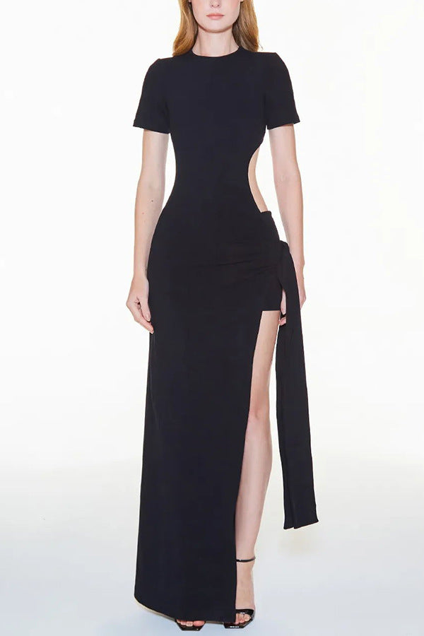 Vestito femminile Valstrend senza schiena, con allacciatura e taglio aderente, gonna slit, tessuto in pizzo elegante.