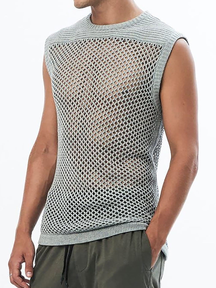 Texture in tessuto mesh da strada senza maniche per uomo Valstrend, dettaglio di cuciture e design sportivo.