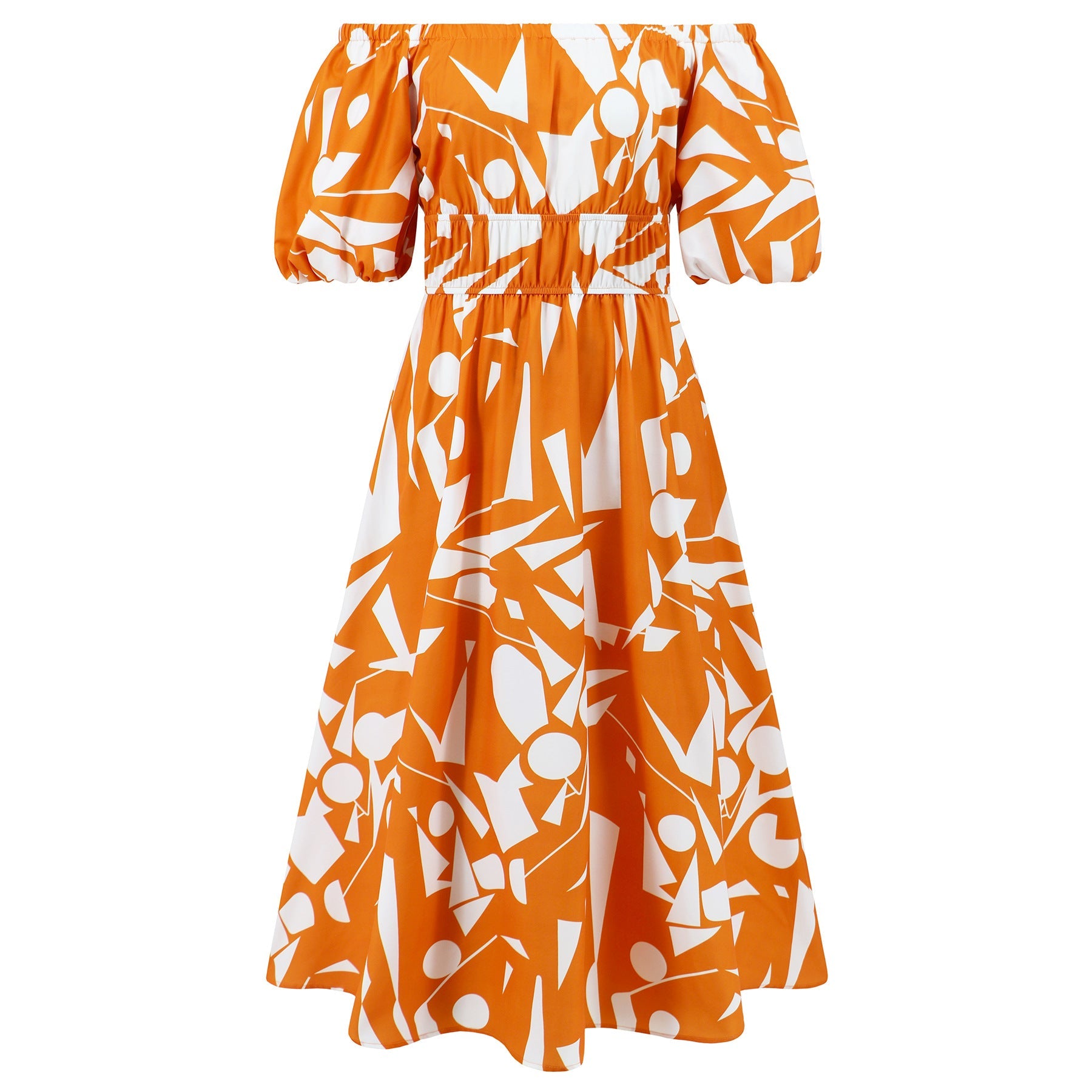 Vestito casual Valstrend con scollo a off-shoulder, maniche a sbuffo stampate, stile ampio e di tendenza.