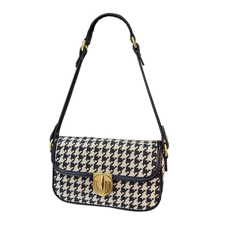 Borsa donna a spalla singola con motivo pied-de-poule e baguette, stile elegante Valstrend, dettaglio portabilità e design alla moda