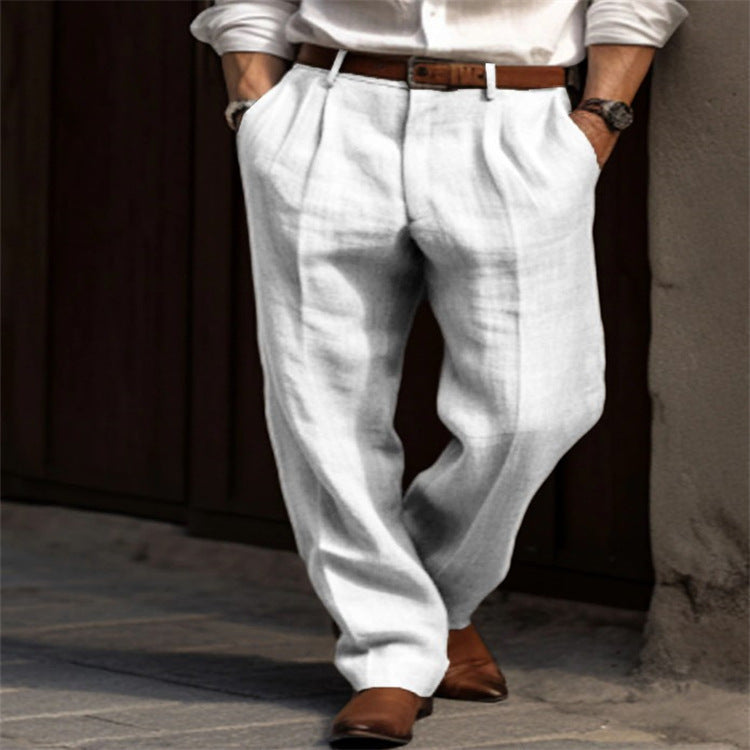 Pantaloni uomo in lino Valstrend, pieghe doppie, tasche frontali, stile dritto, colore unito, comodi e traspiranti.