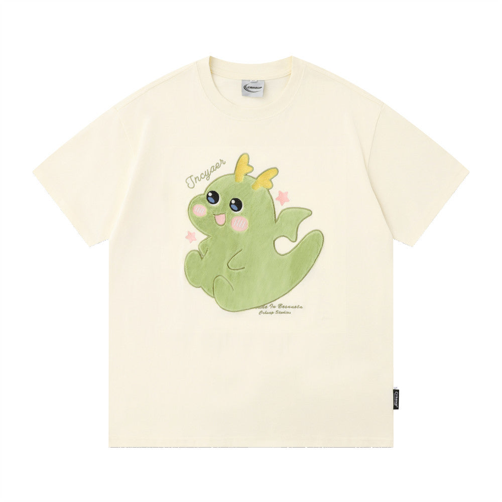 Cartoon Dragon Short-sleeved T-shirt Boys Flocking Patch