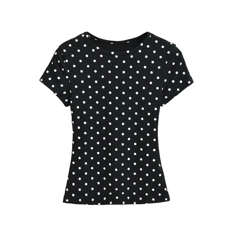 Slim Fit Round Neck Shoulder Polka Dot Short Sleeve Youthful-looking Waist Trimming Short Top