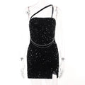 Gonna donna Valstrend, gonna a tubino con paillettes e spalla obliqua, stile fashion e glamour.