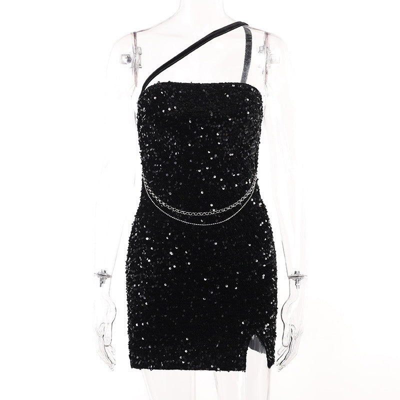 Gonna donna Valstrend, gonna a tubino con paillettes e spalla obliqua, stile fashion e glamour.
