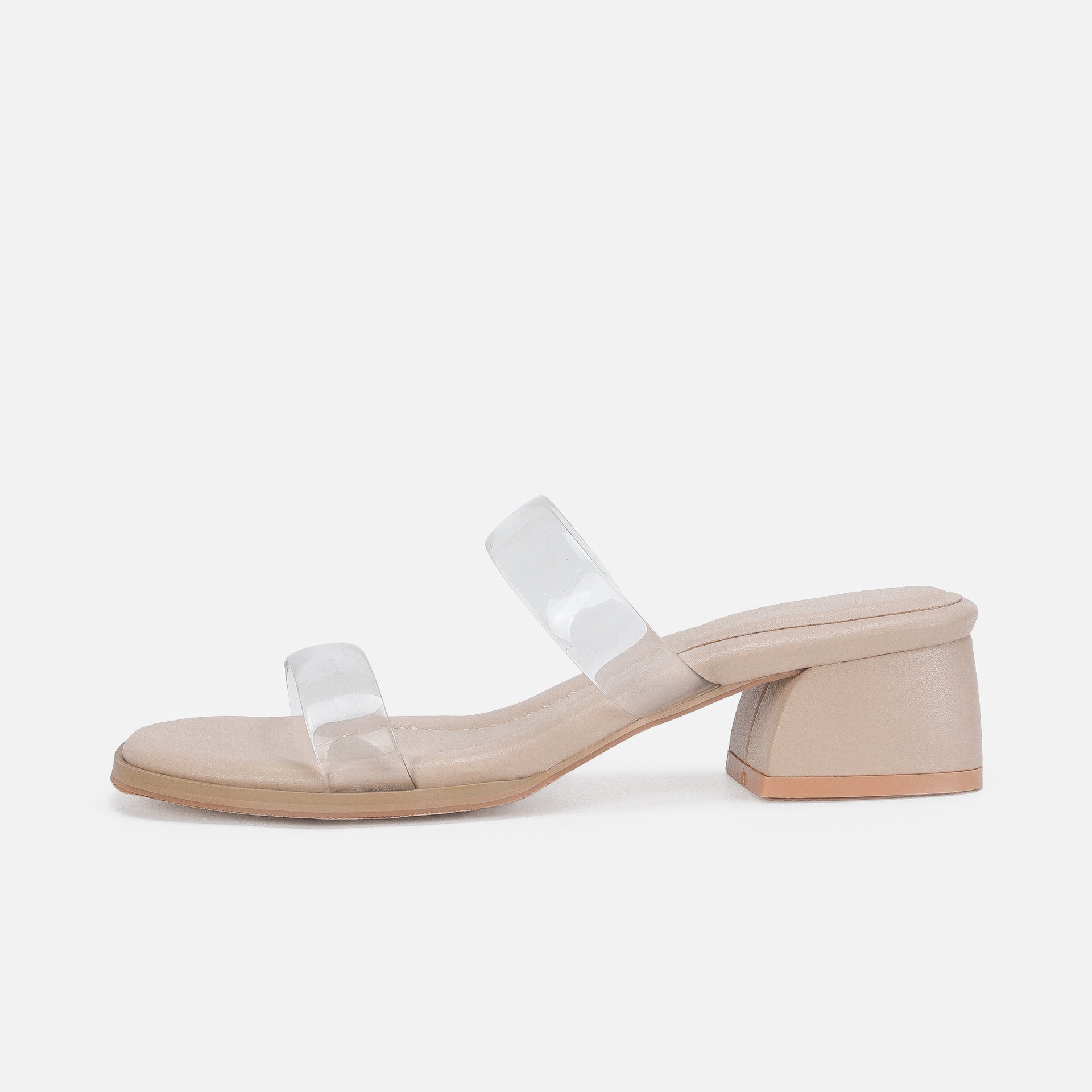 Sandali donna Valstrend con tacco medio bianco e trasparente, calzature estive con cinturino e suola in gomma.