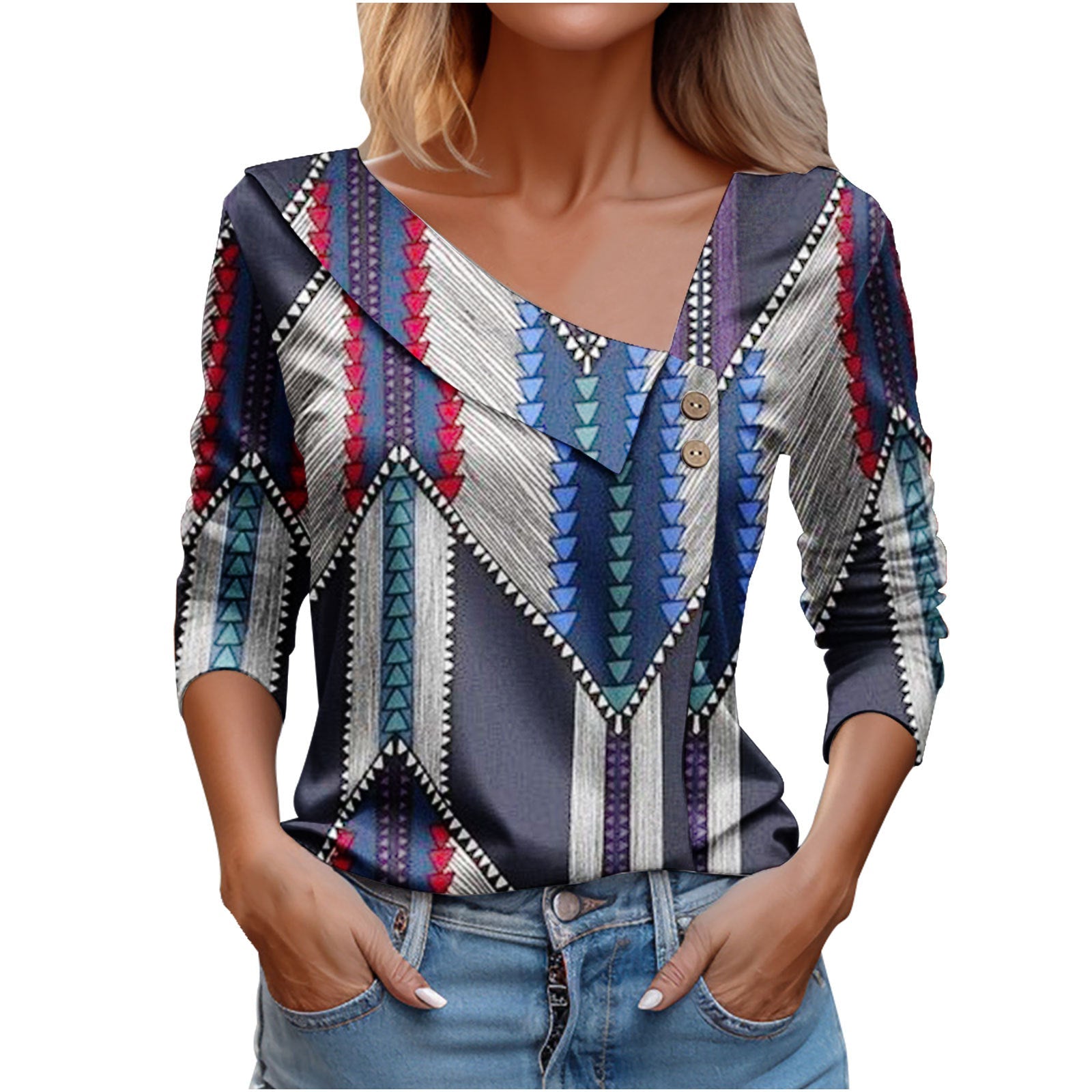 Maglietta donna Valstrend a maniche lunghe con scollo a V e stampa, tessuto morbido e design elegante.