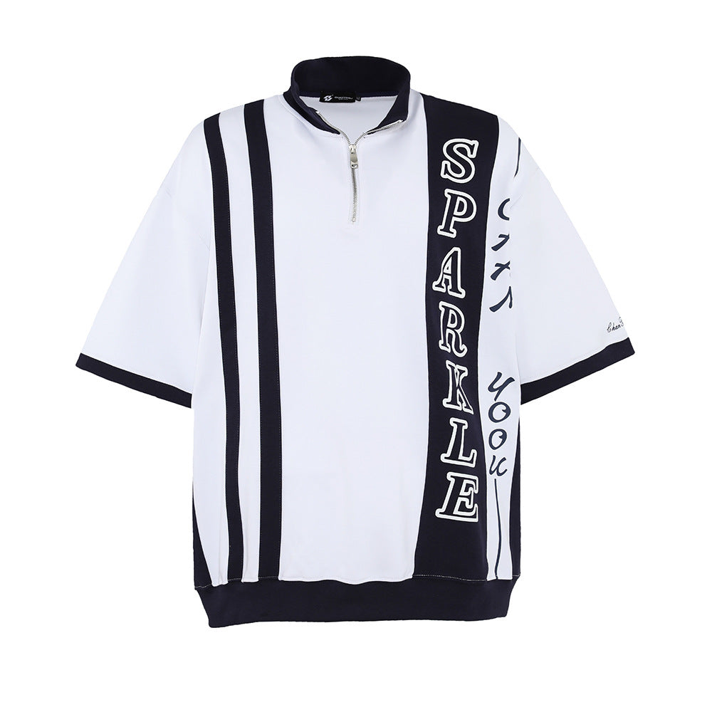 Men's Loose Sports Top European And American Stitching Contrast Color Stand Collar Half Zip Short Sleeve