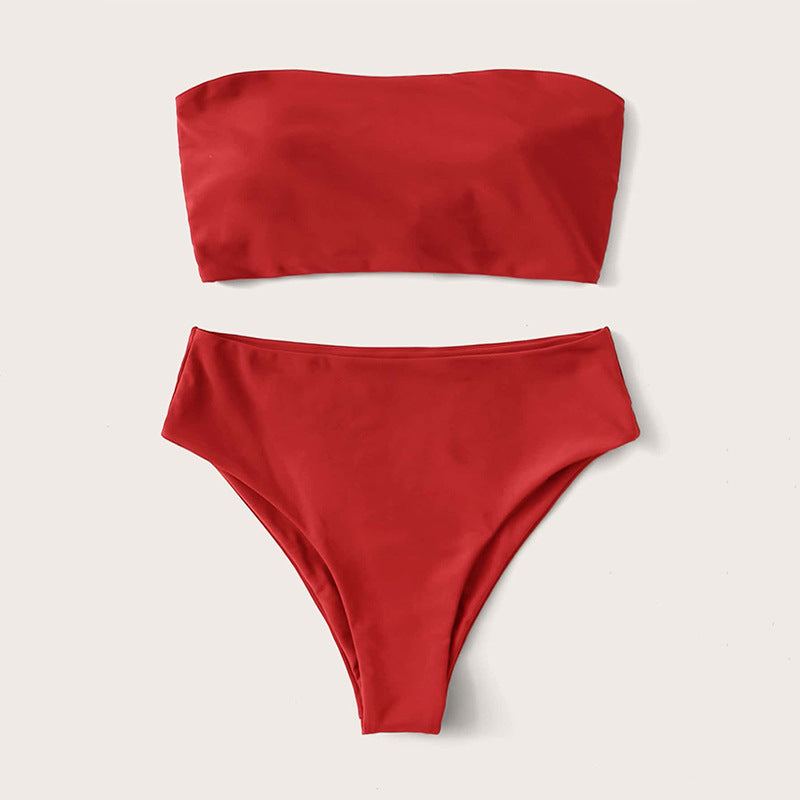 Costume da bagno bikini donna strapless e senza spalline Valstrend, in tessuto blu con motivo a righe, vista frontale