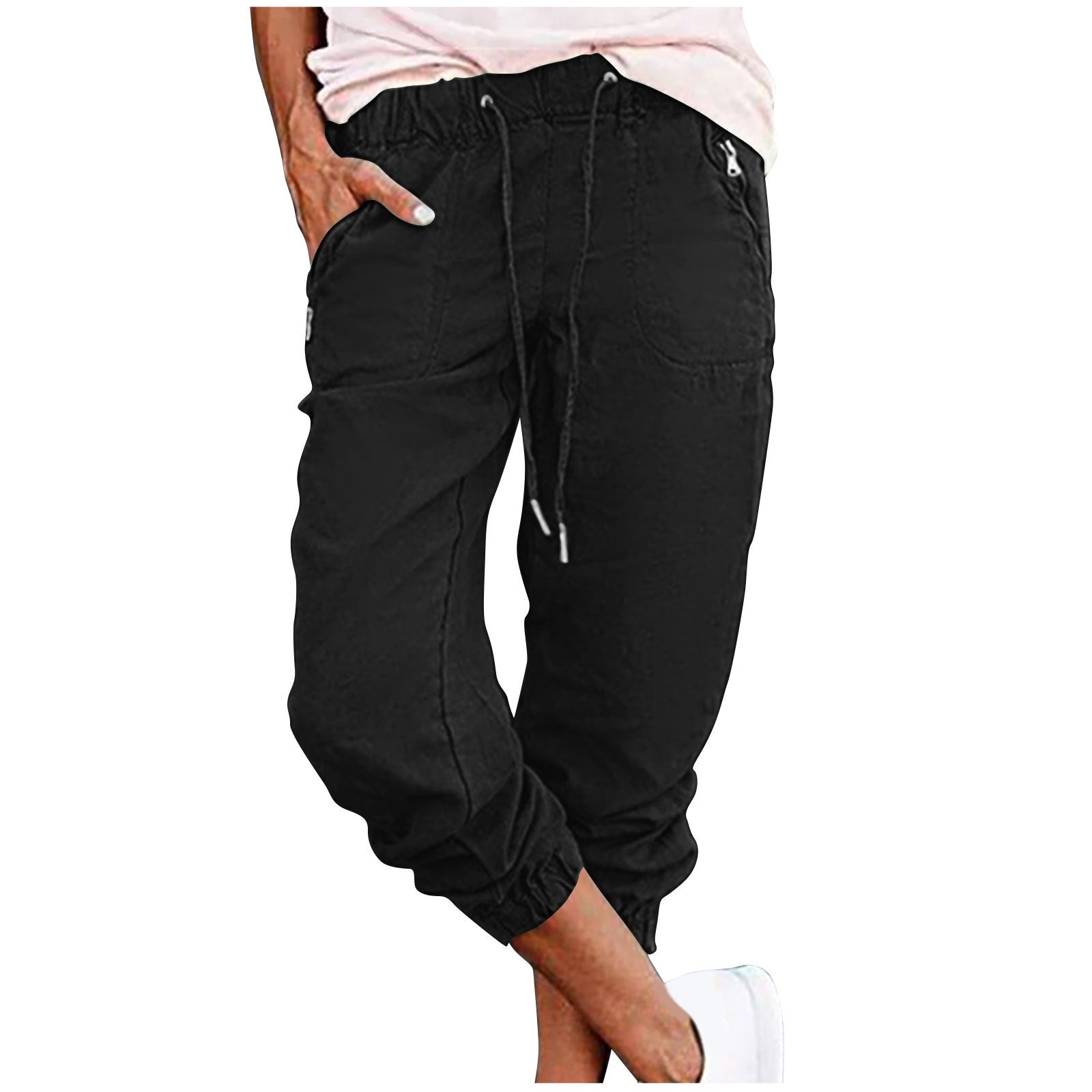 Pantaloni corti da donna Valstrend con zip, tasche, vita elastica e colore solido, stile casual e comodo