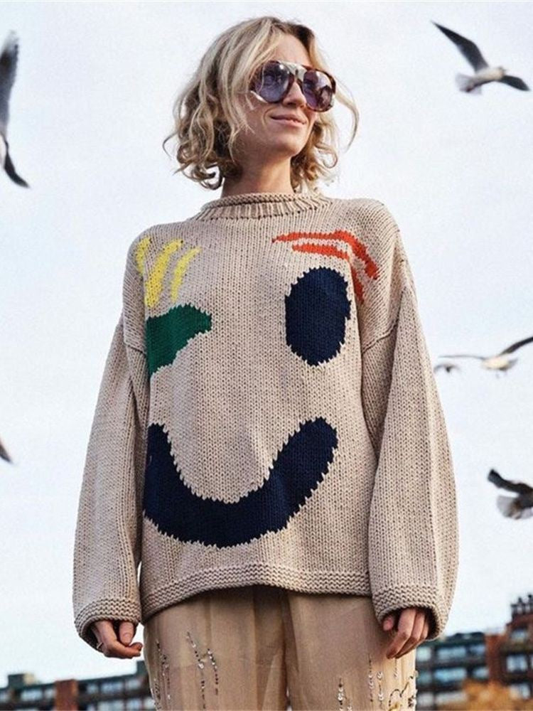 Maglione donna invernale Valstrend con motivo a cartone animato, collo rotondo e tessuto a maglia morbido e caldo