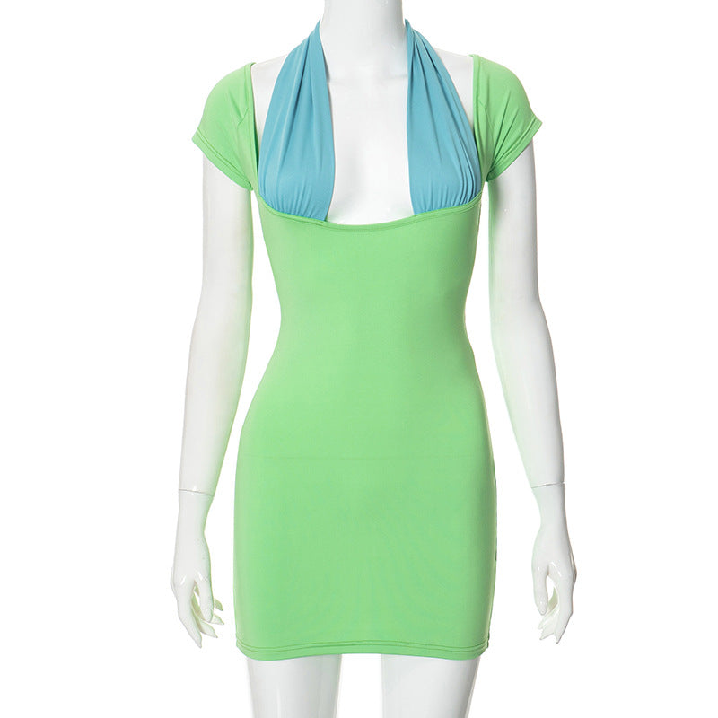 European And American Style V-neck Dress Contrast Color Hot Girl Slim Fit