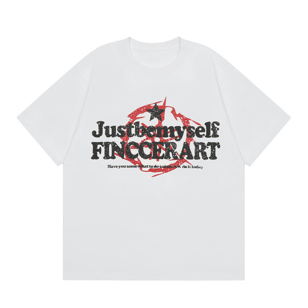 Five-pointed Star Print Distressed Wash Short Sleeve