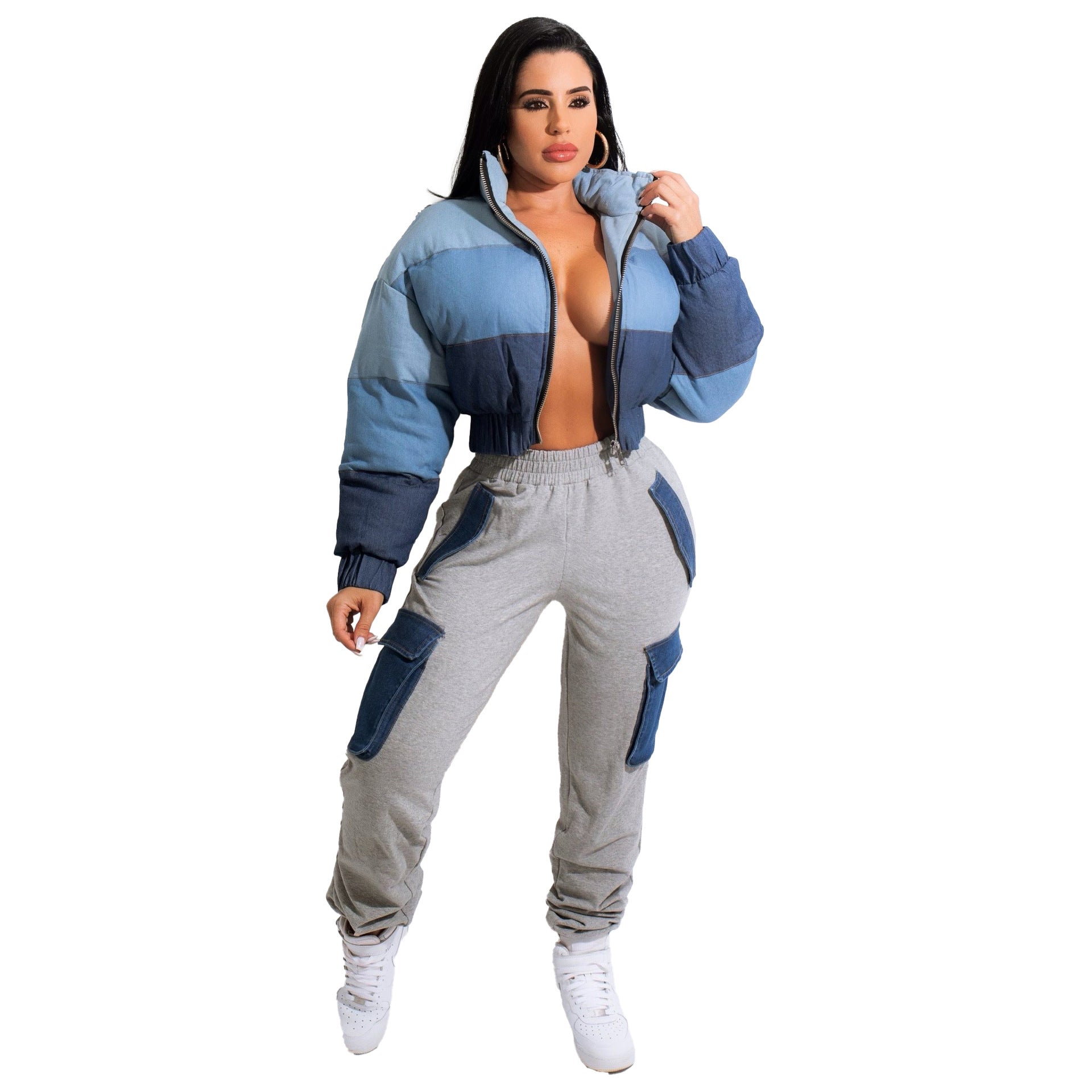 Giacca donna in denim Valstrend con cuciture a gradiente, cotone, stile casual e moderno, vista frontale