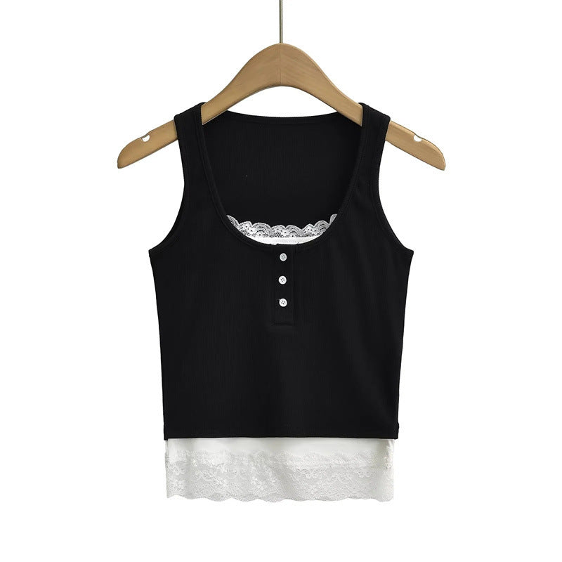 American Hot Girl Sexy Pure Desire Style Lace Lace Vest Summer I-shaped False Two-piece Suit