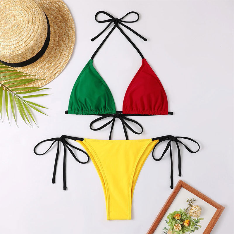 Costume da bagno bikini a contrasto di colori Valstrend, con patchwork e dettagli split, donna, stile estivo e alla moda.