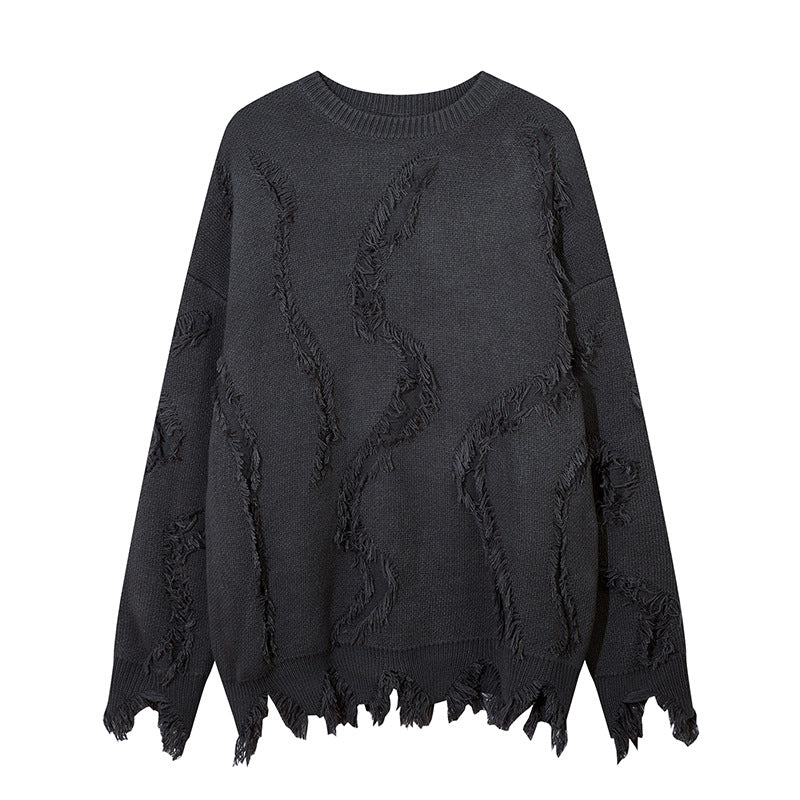 Maglione rotondo Valstrend con frange, stile casual con dettagli strappati e collo rotondo, look trendy e originale per gatti.