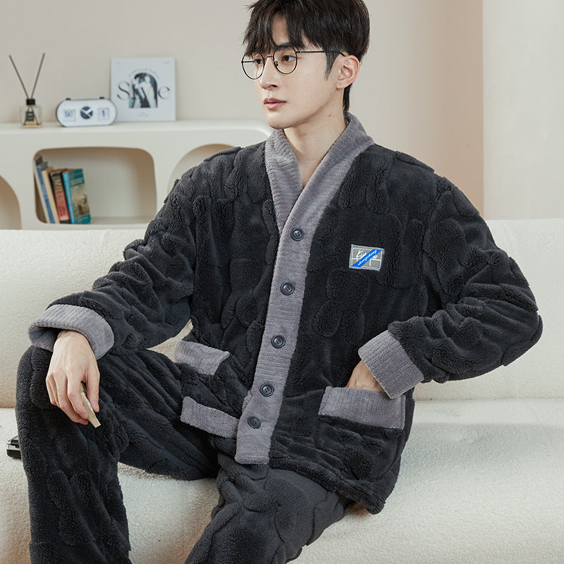Pigiama da uomo Valstrend in flanella jacquard con interno in pile caldo e comodo, abbigliamento per il relax e il sonno.