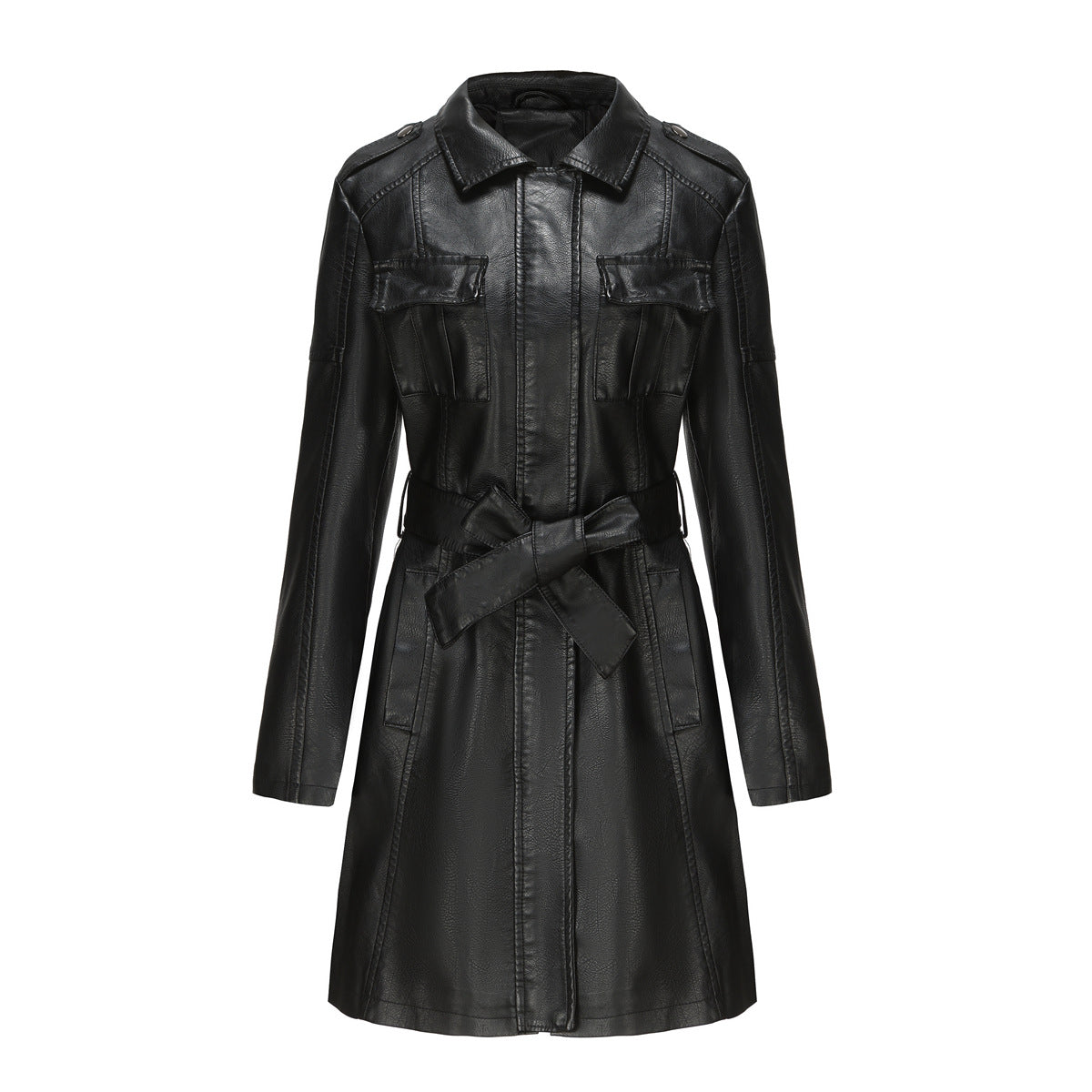 Cappotto donna in pelle stile europeo e americano, lungo medio con cintura, moda britannica Valstrend, immagine frontale