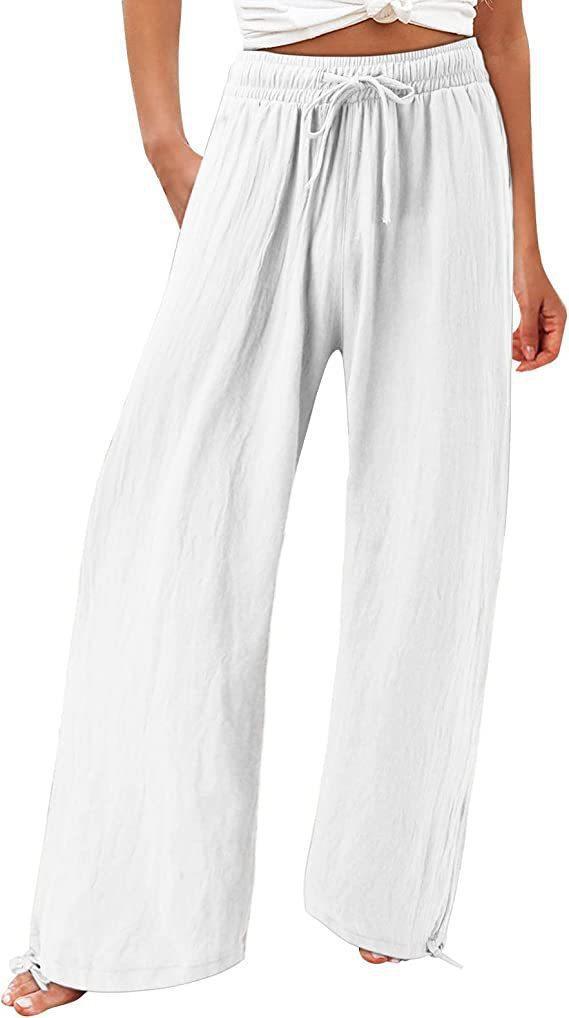 Pantaloni casual donna Valstrend in cotone e lino a gamba larga, ideali per spiaggia e relax, con tessuto morbido e comodo.