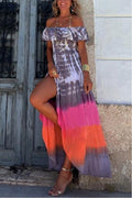 Vestito donna con spalle scoperte e fiocco, tie-dye colorato, vestito lungo con spacco di Valstrend Shop.
