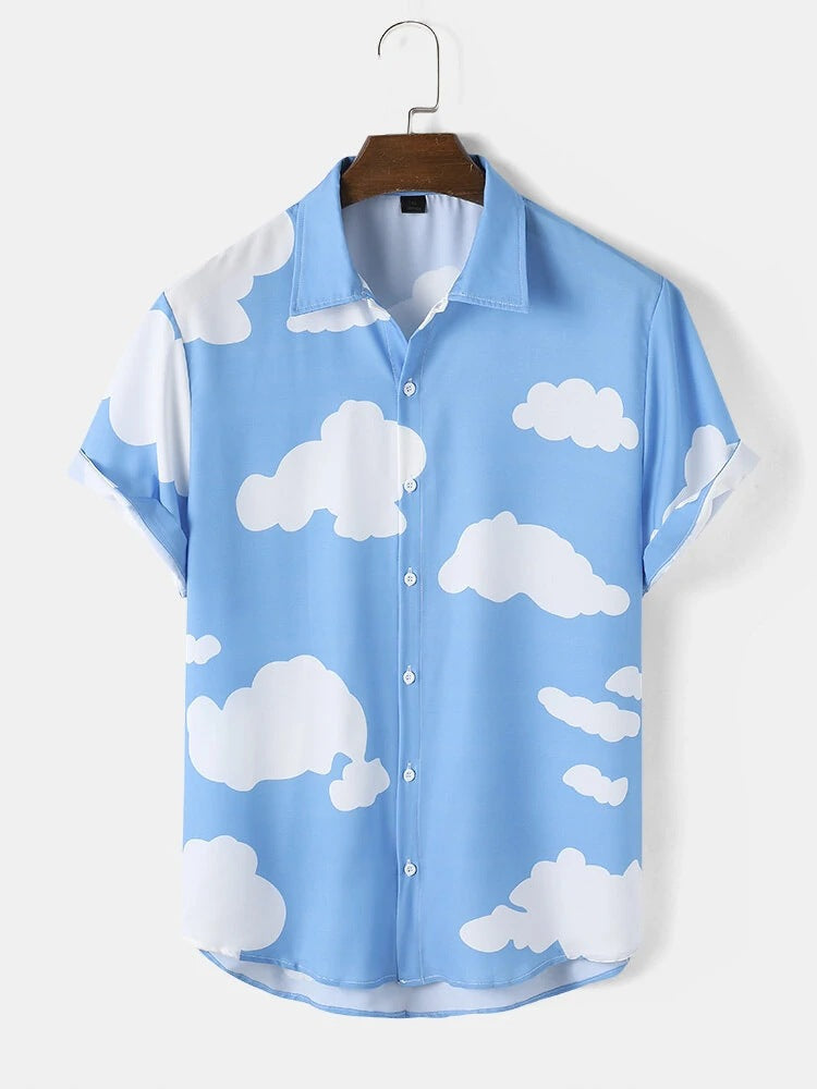 Camicia casual uomo Valstrend, a maniche corte con stampa multicolore cloud, tessuto leggero e stile rilassato.
