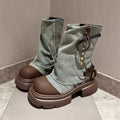 Scarpe donna Valstrend in jeans con fibbia metallica, stivaletti ankle con punta rotonda e suola spessa, stile casual.