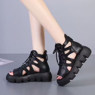 Sandali boots donna Valstrend, stile retrò con platform, lacci, foro decorativo, alta qualità, scarpe casual e traspiranti.