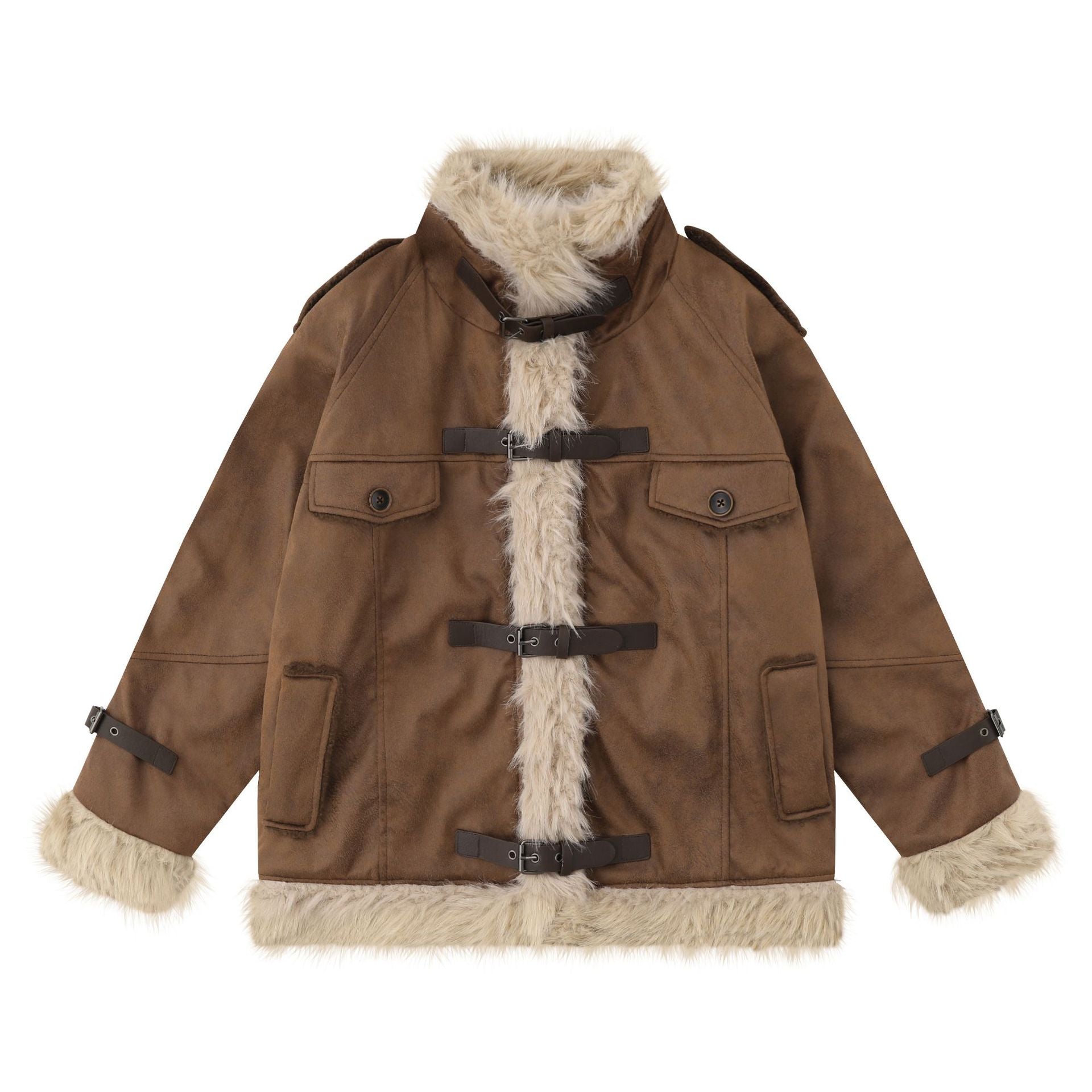 Cappotto da auto in pelle di agnello imbottito in pile vintage, spessa e calda, marca Valstrend, ideale per inverno elegante.
