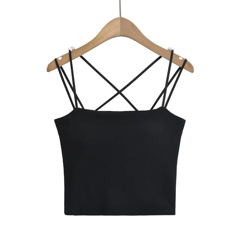 American Hot Girl Pearl Decorative Design Camisole Summer With Chest Pad Integrated