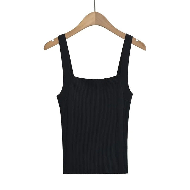 Maglietta a spalla larga Valstrend, canotta estiva a maglia, vita alta slim fit, stile hot girl, colore chiaro.