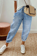 Pantaloni donna Valstrend in denim wash a tinta unita con elastico in vita e coulisse, stile casual e comodo.