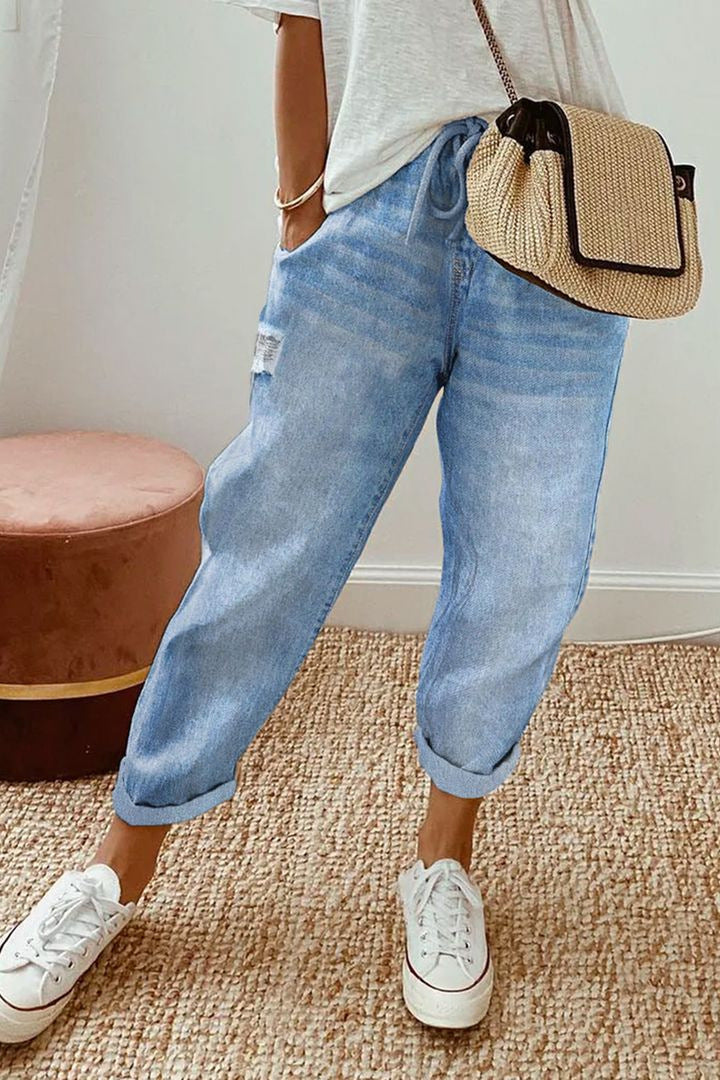 Pantaloni donna Valstrend in denim wash a tinta unita con elastico in vita e coulisse, stile casual e comodo.