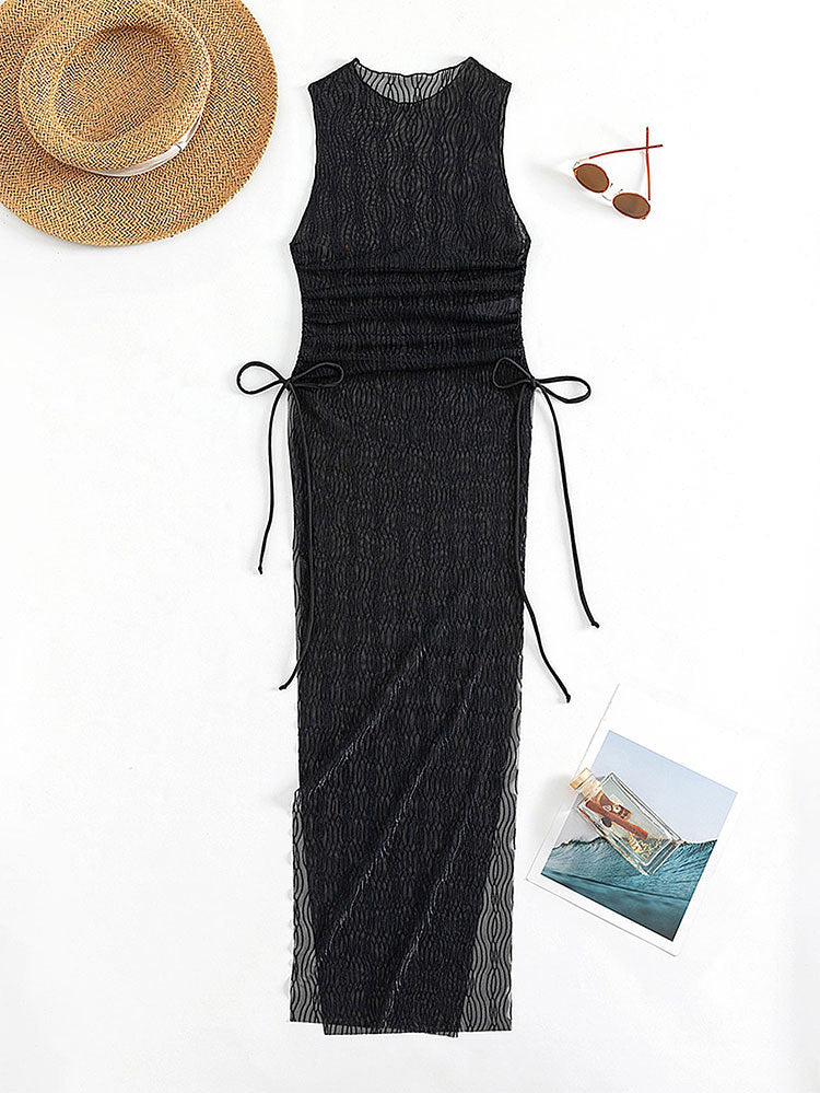 Vestito da mare femminile a fascia in rete trasparente con alta apertura, marchio Valstrend, ideale per spiaggia e spiagge.