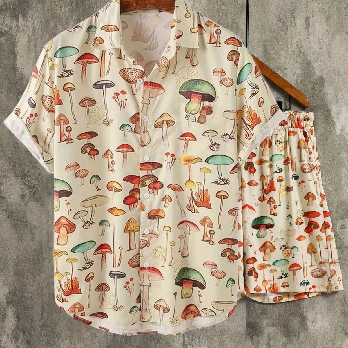 Completo sportivo casual da uomo Valstrend con stampa funghi, maglietta a maniche corte e pantaloncini in tessuto leggero.