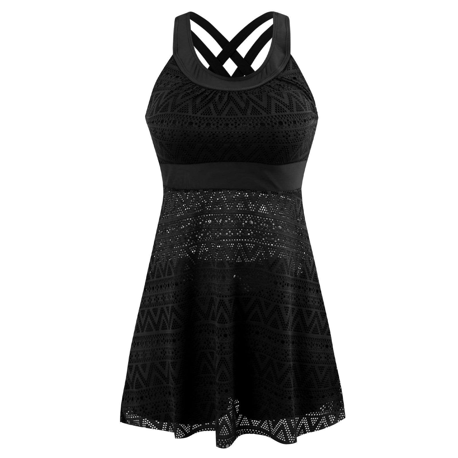 Costume da bagno intero da donna Valstrend, design conservativo e snellente, in tessuto nero con dettagli eleganti.