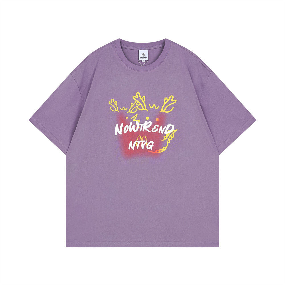 Abstract Deer Print Short-sleeved T-shirt Boys Round Neck