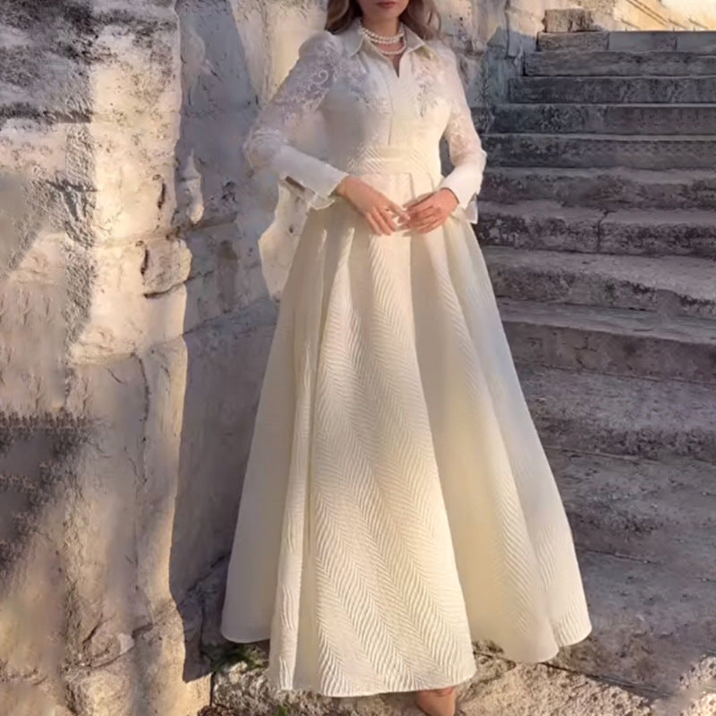 Vestito lungo stile francese Valstrend con fiori, perle, pizzo bianco, maniche lunghe e stile retro elegante.
