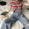 Loose Slimming High Waist Student Straight Knee Ripped Jeans Women
