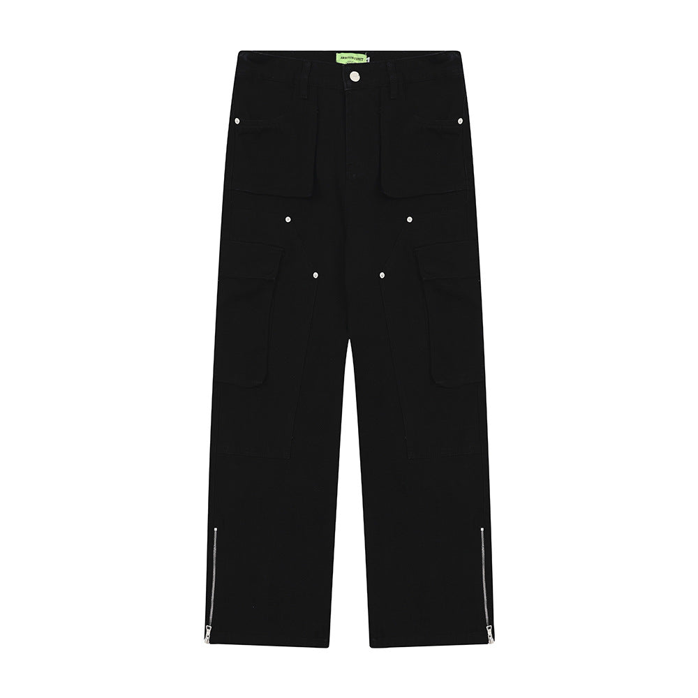 Pantaloni cargo in denim da uomo Valstrend, stile casual a gamba dritta, tasche multiple e dettagli con zip e spacchi.