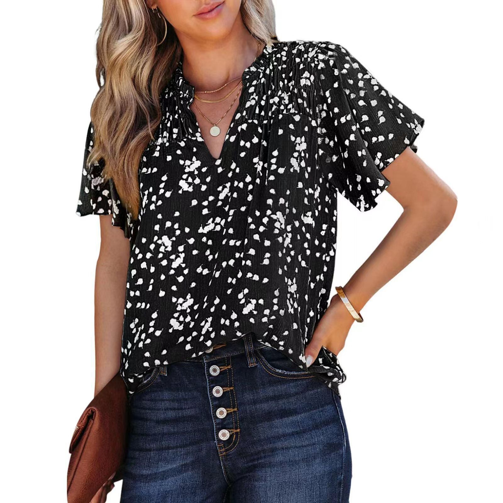 Maglietta donna Valstrend con stampa alla moda a maniche corte, tessuto leggero e design elegante.