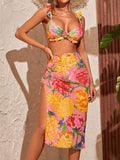 Costume da bagno femminile Valstrend con gonna e spacco, tre pezzi, stampa colorata, stile bikini split, vista frontale
