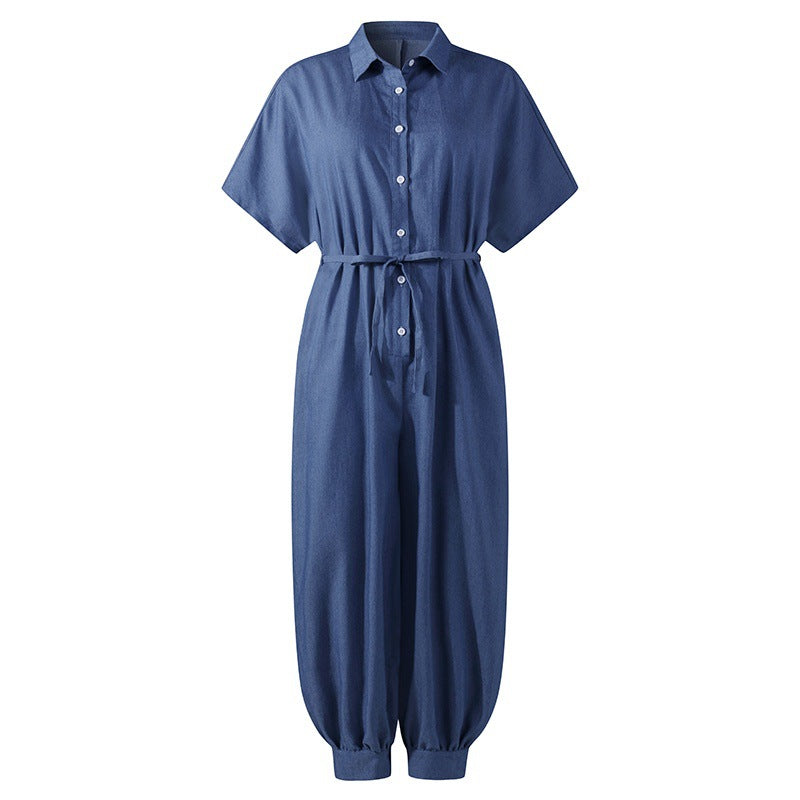 Solid Color Plus Size Casual Short Sleeve Denim Jumpsuit