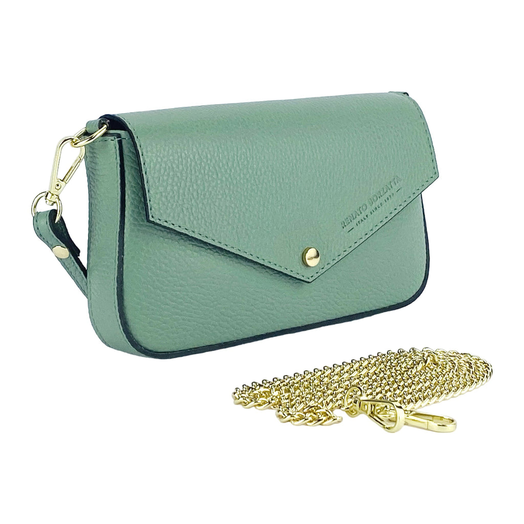RB1023BF | Small Shoulder Bag with Removable Chain Strap in Genuine Leather Made in Italy. Flap Closure. Shiny Gold metal hardware - Mint color - Dimensions: 22 x 12 x 3 cm.