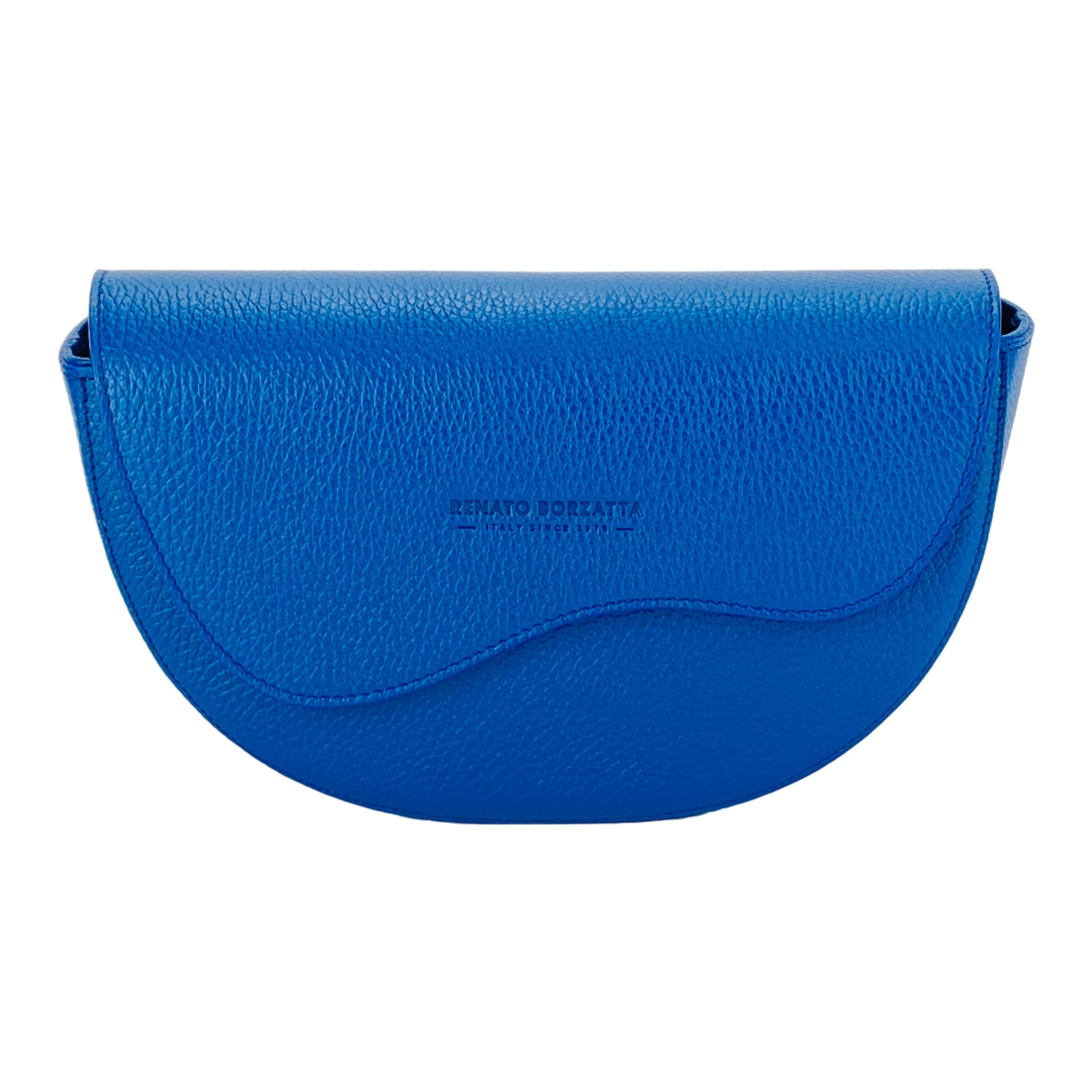 RB1027CH | Women's Rounded Bandolier Bag in Genuine Leather Made in Italy. Removable and adjustable leather shoulder strap. Polished Nickel hardware - Royal Blue color - Dimensions: 25 x 15 x 9 cm.