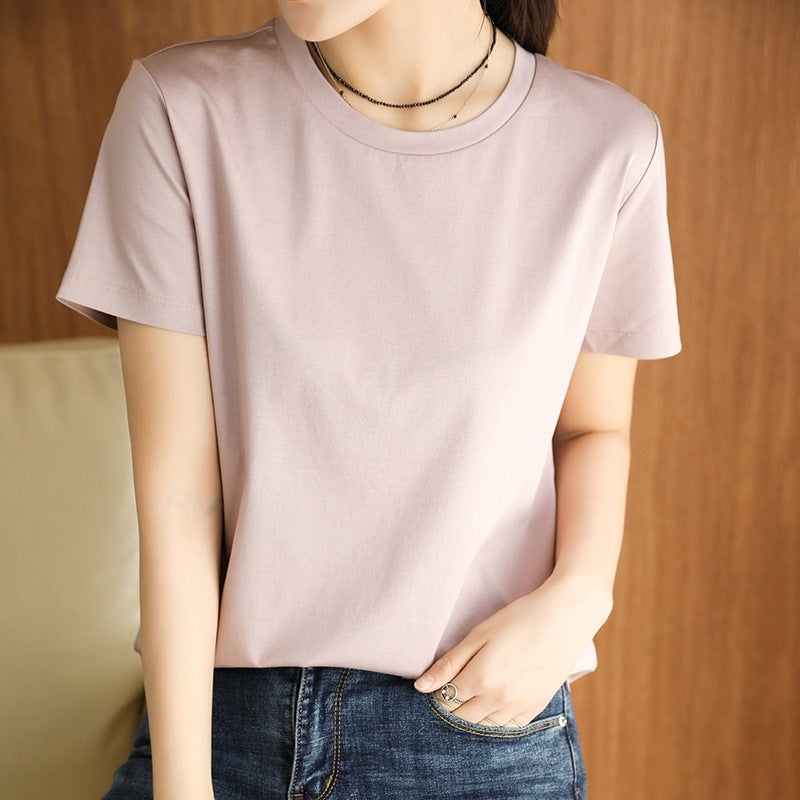 Maglietta donna a maniche corte in cotone mercerizzato, vestibilità slim e loose, colore neutro, dettaglio tessuto e cuciture.