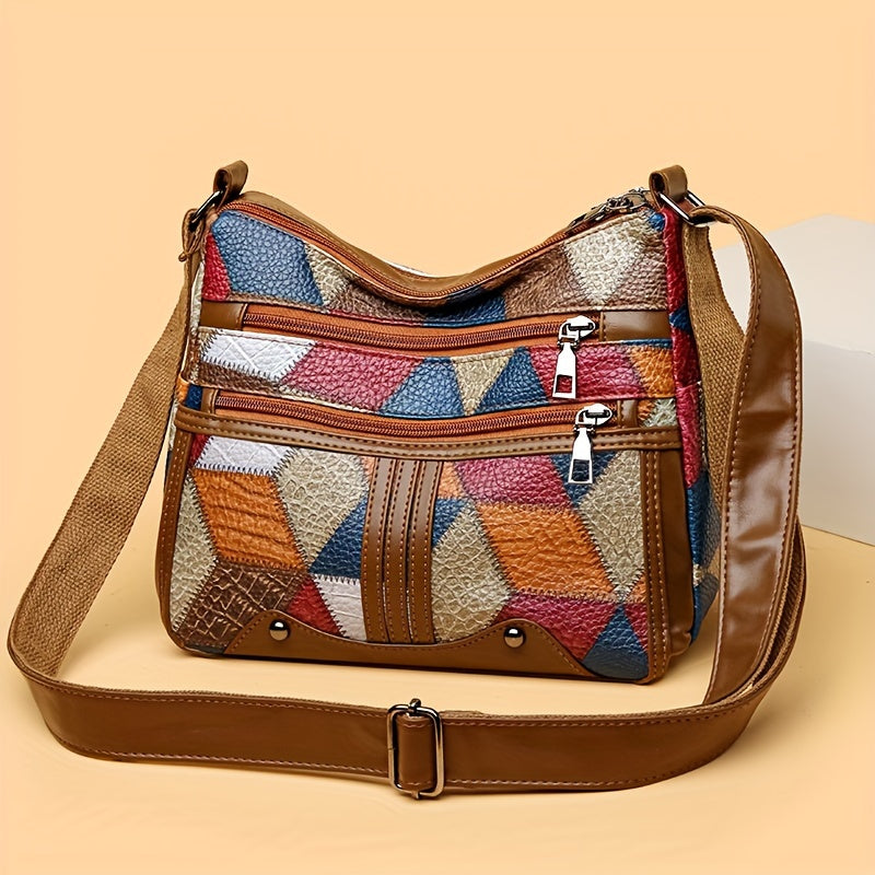 Borsa a tracolla Valstrend elegante con motivo 3D, grande capacità, in pelle sintetica colorblock, ideale per uso quotidiano.