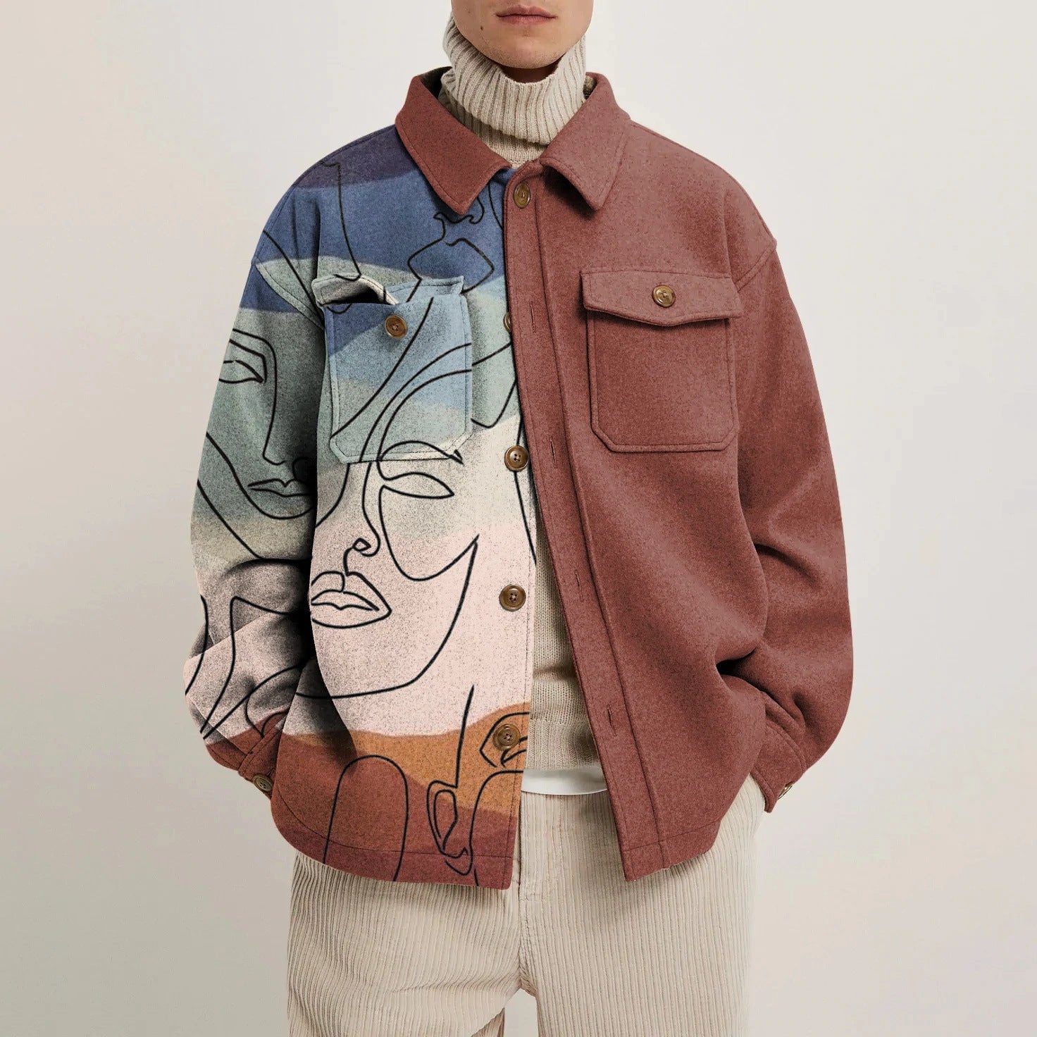 Giacca da uomo casual vintage con stampa e splicing, stile moda informale, marca Valstrend.